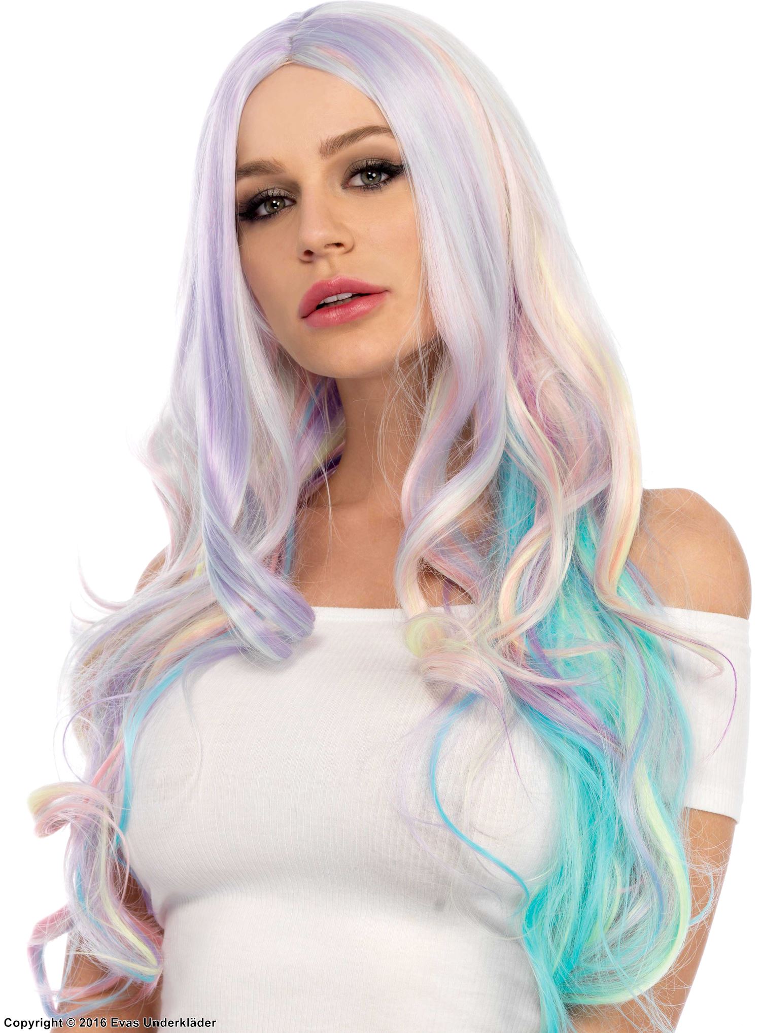 Waist long wig, waves, center part, multi-color